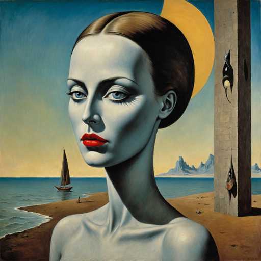 This image is a detailed painting of a woman with a striking, almost surreal appearance. She has pale, almost white skin, and her dark brown hair is parted in the middle and pulled back into a tight bun. Her eyes are a vivid blue, and her lips are painted a bright red, contrasting sharply with her pale complexion. The woman is depicted from the shoulders up, with her bare shoulders visible, and she is looking directly at the viewer with a serious expression.

The background features a serene beach scene. To the left, there is a body of water with a sailboat, and to the right, a sandy beach. In the distance, a mountain range can be seen under a blue sky that transitions to a yellowish hue near the horizon. The scene is set during the daytime, and the overall atmosphere is calm and tranquil.

To the right of the woman, there is a tall, rectangular stone pillar with a smooth surface. The pillar has two holes in it, and there appears to be a black bird perched on one of the holes. The painting style is somewhat abstract, with a focus on the woman's face and the contrasting colors of her features against the serene background. The overall composition creates a striking and somewhat dreamlike quality to the image.