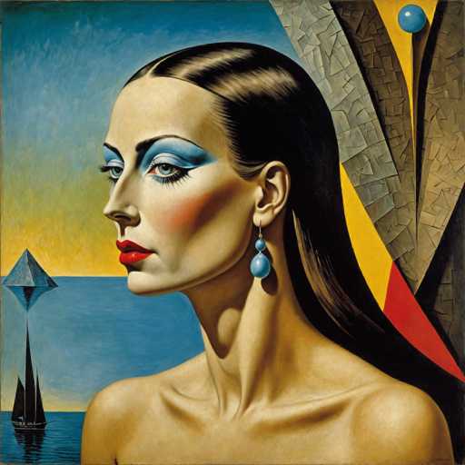 This image is a detailed painting of a woman, likely from the 1920s or 1930s, characterized by her distinct Art Deco style. She has long, dark brown hair parted in the middle, and her face is adorned with heavy blue eyeshadow, long eyelashes, and bright red lipstick. Her cheeks are rosy, and she wears blue beaded earrings. The woman is depicted from the shoulders up, with her bare shoulders visible, and she is looking to the left. The background features a blue sky with a yellow horizon, a body of water, and a sailboat. Additionally, there is a blue pyramid-like structure on the left side of the image, and a red triangle on the right. The overall composition is vibrant and colorful, with a mix of blue, yellow, and red hues that enhance the Art Deco aesthetic.