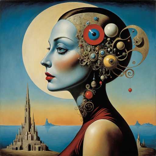 This image is a detailed, futuristic painting of a woman with a striking blue face and red lips. She is adorned in a red dress and has a bald head, with the back of her skull intricately designed with various mechanical and artistic elements, including a prominent blue eye encircled by a red ring. Her neck features a mechanical structure that extends into her ear, which is also mechanical. The background showcases a large, bright yellow moon and a blue sky that transitions into a yellowish hue near the horizon. Below, there is a body of water with a small island featuring a tall, gray castle with a pointed top. The overall scene is set against a backdrop of distant mountains, creating a surreal and otherworldly atmosphere.