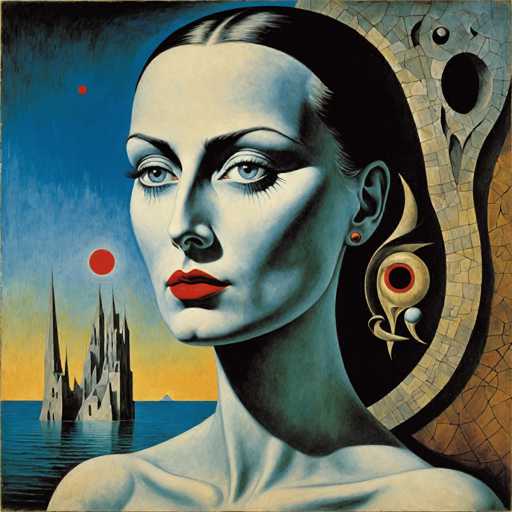 The image is a detailed, artistic painting of a woman with pale, almost white skin, and striking blue eyes. Her black hair is pulled back into a ponytail, and she wears bright red lipstick. The woman is positioned in the foreground, facing slightly to the left, with her bare shoulders visible. Behind her, a surreal landscape unfolds: a dark blue ocean stretches out, with a gray castle featuring tall, pointed spires emerging from the water. The sky above transitions from a deep blue at the top to a yellowish hue near the horizon. Two red circles, resembling planets or moons, are visible in the sky. To the right of the woman, there is a peculiar, eye-like object with a black center, surrounded by red and white, and encircled by a gold ring. The background also includes a stone archway with a hole in it, adding to the painting's enigmatic atmosphere.