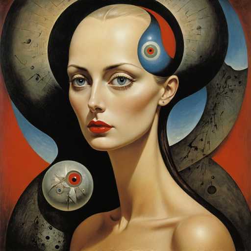 This image is a detailed painting of a woman with a striking, almost surreal appearance. She has a very long neck and a slender, bare shoulders, suggesting she might be unclothed. Her skin is very pale, and she has a thin face with a prominent forehead. Her eyes are a vivid blue, and her lips are painted a bold red. Her hair is pulled back, revealing a large, blue teardrop shape on the side of her head, which contains a smaller red circle with a black dot in the center, resembling an eye. 

Behind her head is a large, circular shape that is gray with black markings, giving it a textured appearance. This circle is divided into two sections: the top half is blue, and the bottom half is red. Additionally, there is a smaller circle on the left side of the image, which is gray with a red center and a black dot, also resembling an eye. The background of the painting is a vibrant red, enhancing the overall dramatic and otherworldly feel of the artwork.