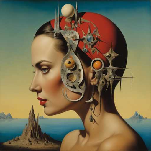 The image depicts an abstract painting featuring a woman's head with a red hat and earrings shaped like gears and other mechanical objects. The background is a blue sky with mountains visible on the horizon.