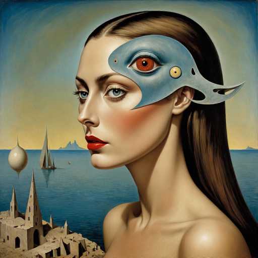 This image is a detailed painting of a woman with long, dark brown hair, styled in a side profile facing left. She has striking blue eyes, red lips, and a fair complexion with a hint of blush on her cheeks. The woman is adorned with a unique, light blue mask that covers the top of her head and extends over her right eye. This mask features a prominent red eye in its center, surrounded by a yellow circle with a black dot. The mask also has a cutout revealing her left eye, which is blue.

The background depicts a serene ocean scene with a sailboat and distant mountains. The sky transitions from a light blue at the top to a yellow hue near the horizon. In the bottom left corner of the painting, there is a partially submerged stone building with several pointed towers, adding an element of mystery to the scene. The overall composition combines elements of surrealism and realism, creating a captivating and enigmatic portrait.