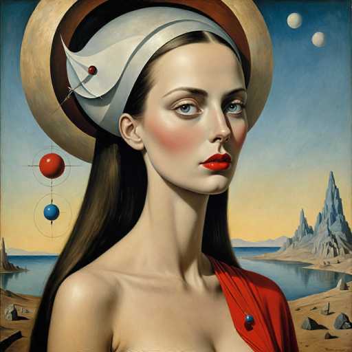 This image is a detailed painting of a woman with long, dark brown hair cascading down her back. She has striking blue eyes, red lips, and a fair complexion with a slight blush on her cheeks. The woman is adorned in a red dress that drapes over her left shoulder, secured by a blue gem. A white headband with a red gem sits atop her head, and a large, circular hat with a brown rim and a white center rests behind her. Her neck is elongated, and her shoulders are bare.

The background features a serene blue sky with two white moons positioned in the upper right corner. Below the sky, a body of water reflects the scene, bordered by rocky terrain and distant mountains. On the right side of the painting, there are gray, spiky rocks, while the left side showcases a red circle with a white center and a blue circle with a white center, both encircled by thin lines. The overall composition is rich in detail, blending natural elements with fantastical features.