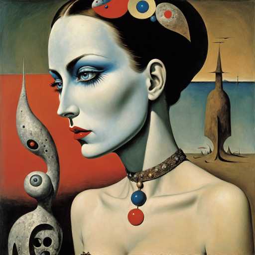 This image is a detailed painting of a woman with a striking, almost surreal appearance. She has pale, almost white skin with a bluish tint, and her dark brown hair is styled in a bun. Her eyes are a vivid blue, framed by dark eyebrows, and she wears bright red lipstick. The woman is adorned with a choker necklace featuring a blue and a red ball, and she is bare-chested, revealing her collarbones.

The background is divided into three distinct sections: the top is green, the middle is red, and the bottom is black. To the left of the woman, there is an abstract, gray sculpture with a spiky top, a circular middle, and a curved bottom. This sculpture has a red eye and a blue eye, adding to the surreal atmosphere of the painting.

On the right side of the image, there is a brown structure that resembles a tree or a building with a pointed top, set against a blue sky. The overall composition blends realistic and abstract elements, creating a dreamlike and captivating scene.