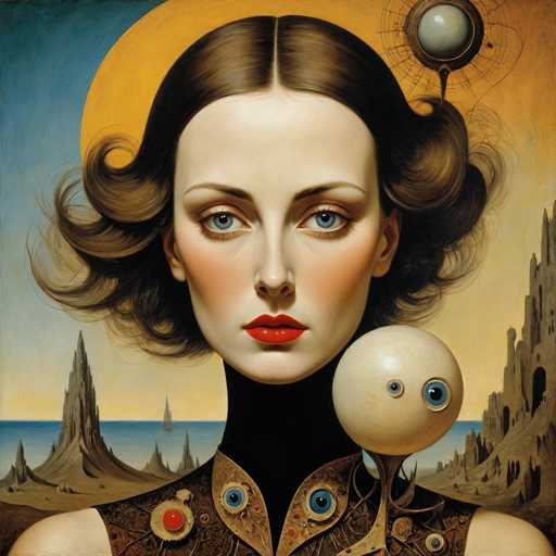 The image is a detailed, computer-generated illustration of a woman with short, dark brown hair styled in a 1920s flapper fashion, featuring curls at the ends. She has striking blue eyes, red lips, and a fair complexion. The woman is wearing a sleeveless, brown top adorned with various blue and red buttons, and a black turtleneck. A mechanical-looking ball with two eyes is positioned on her left shoulder, adding a surreal element to the image. Behind her, a large yellow circle, possibly representing the sun, dominates the background. The setting includes a blue ocean with a sailboat, a rocky landscape, and a castle-like structure on the right side. The overall scene is set against a blue sky, enhancing the dreamlike quality of the illustration.