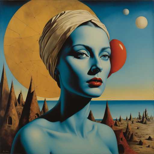 This image is a detailed, computer-generated painting of a woman with striking blue skin and red lips, her face adorned with a beige turban. She stands in a barren, desert-like landscape, her bare shoulders visible. The background features a surreal sky with a large, yellow sun on the left and two smaller, white celestial bodies on the right. The ground is dotted with numerous brown, cone-shaped structures resembling tents or buildings, some with windows. The overall scene is bathed in a blue hue, enhancing the otherworldly atmosphere of the painting.