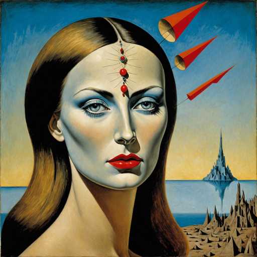This image is a detailed painting of a woman with a striking, almost surreal appearance. She has long, dark brown hair that is parted in the middle and cascades down to her shoulders. Her face is pale with a bluish tint, accentuated by heavy blue eyeshadow and bright red lipstick. Her eyes are a vivid blue, and her facial features are sharp and angular, with a long, thin nose and high cheekbones. A distinctive line runs down the center of her forehead, adorned with red beads that resemble a string of pearls. 

The background features a blue sky that transitions to a yellow hue near the horizon, suggesting a sunset. Below the sky, there is a body of water, and in the distance, a gray, castle-like structure rises from the water, with its reflection visible. The foreground includes a rocky, brown terrain with jagged, pointy rocks, adding to the surreal and dreamlike quality of the scene. 

Overall, the painting combines elements of realism with fantastical details, creating a captivating and otherworldly portrait.