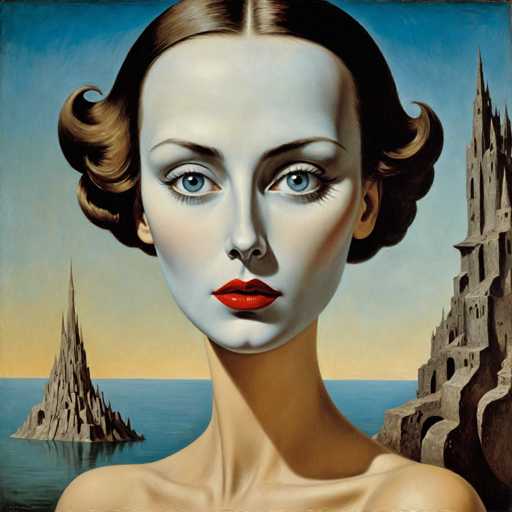 This image is a detailed painting of a woman with a strikingly pale complexion, blue eyes, and short brown hair styled in curls at the sides. Her lips are painted a vivid red, and she has a long, slender neck. She is depicted from the shoulders up, with her bare shoulders visible. The background features a serene blue ocean and a sky that transitions from blue to a yellowish hue near the horizon. On the left side of the image, there is a jagged, spire-like rock formation rising from the water, while on the right side, there is a large, gray stone structure with spires and arches, resembling a castle or ancient ruins. The overall composition is reminiscent of a surrealist style, with the woman's face being the central focus of the painting.