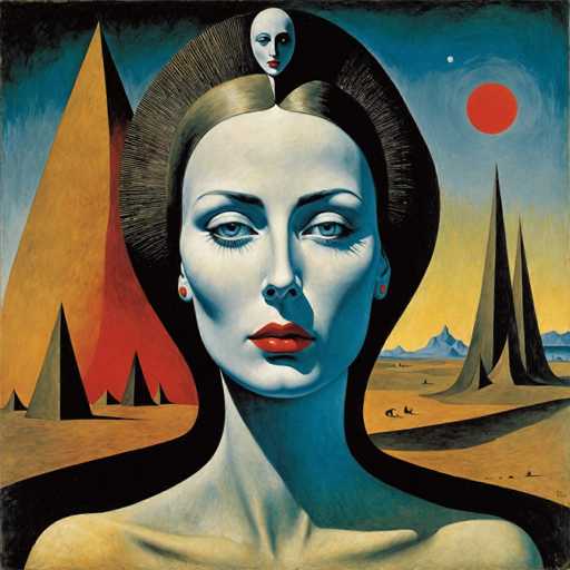This image is a detailed painting of a woman with a striking, almost surreal appearance. She has pale, almost white skin, and her hair is styled in a dramatic, voluminous updo that resembles a crown. Her eyes are a vivid blue, and her lips are painted a bold red. Notably, there is a small white mask with red lips and blue eyes perched on top of her head, adding to the enigmatic quality of the portrait.

The background is a desert landscape, with a sky that transitions from dark blue at the top to lighter blue and yellow near the horizon. A prominent red sun or planet is situated in the upper right corner, accompanied by a small white dot, possibly a moon. The desert floor is dotted with various geometric shapes, including tall and small triangles, as well as other pointed structures, creating a sense of depth and texture. The overall composition is both intricate and captivating, blending realistic elements with surreal touches.