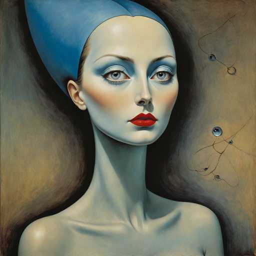 This image depicts a striking painting of a woman with a distinctly pale complexion, almost giving her an ethereal, ghostly appearance. She has a very long neck and prominent collarbones, suggesting a slender and delicate build. Her face is framed by dark brown hair, which is mostly obscured by a tall, pointed blue headpiece that resembles a crown or a tall beehive. The woman's eyes are a captivating grayish-blue, accentuated by blue eyeshadow that matches her headpiece. Her lips are painted a vivid red, adding a bold contrast to her pale skin. The background is a muted brownish-gray, which further emphasizes the woman's pale complexion and the vivid colors of her attire. The overall composition of the painting is centered on her face and upper body, with no text or additional elements to distract from her striking presence.