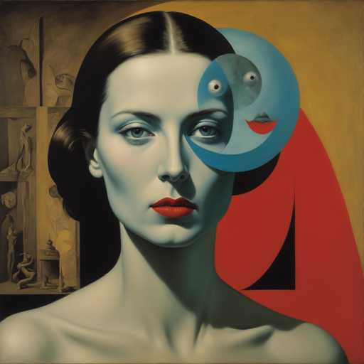 This image is a detailed painting of a woman with pale, almost gray skin, and dark brown hair that is parted in the middle and pulled back. She has striking blue eyes and bright red lips, and her expression is serious as she gazes directly at the viewer. The woman's shoulders are bare, and she appears to be wearing a strapless dress. 

To the right of her face, there is a blue crescent moon with a face of its own, featuring two eyes, a nose, and a smiling mouth with a red tongue. The moon's face is set against a backdrop that includes a red, curved shape and a black triangle. 

On the left side of the painting, there is a brown section with various abstract shapes, including a figure that appears to be a person standing on a platform, and other indistinct forms. The background of the painting is predominantly brown, adding to the overall mysterious and surreal atmosphere of the artwork.