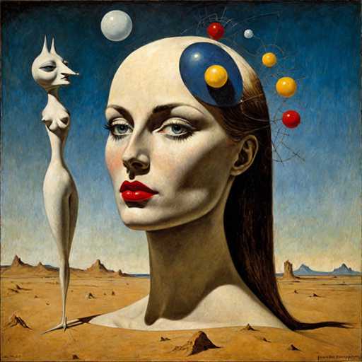 This image is a detailed painting of a woman's head and neck emerging from the ground in a desert landscape. The woman has pale skin, bright red lips, and blue eyes, with her long brown hair cascading down her back. Her head is bald on top, adorned with a blue oval shape that has a yellow circle in the center and is surrounded by smaller yellow and red circles. The background features a blue sky that transitions to a lighter blue near the horizon, with brown sandy ground and distant mountains. To the left of the woman stands a white statue of a woman with a long, thin neck, pointy ears, a long nose, and visible breasts. The overall scene is set in a barren, desert-like environment with a clear, vivid sky.