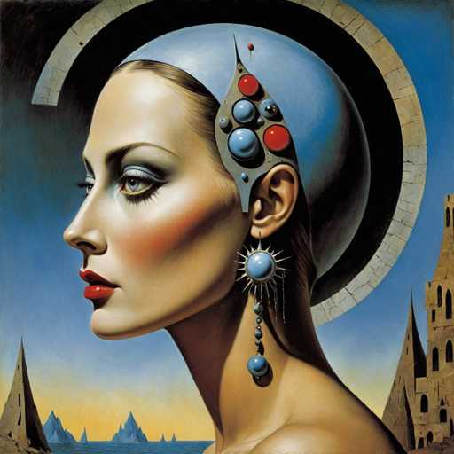 This image is a detailed, futuristic painting of a woman's face in profile, facing left. She has light brown hair pulled back, revealing a blue head covering that extends from her forehead down to her neck. Her eyes are blue, and she wears red lipstick. A striking feature is a teardrop-shaped metal plate on the side of her head, adorned with red and blue spheres, from which a long earring dangles. The earring consists of a large blue sphere with smaller blue spheres hanging below it. The background is a blend of blue sky and yellow hues, with distant mountains and buildings. A prominent stone archway is visible behind her head, and a castle-like structure can be seen on the right side of the image. The overall style is reminiscent of a 1920s flapper, combined with futuristic elements, creating a unique and captivating portrait.