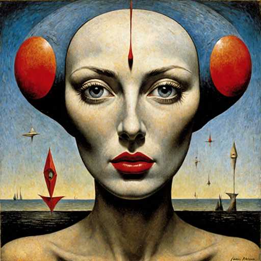 This image is a detailed painting of a woman's face, capturing her from the shoulders up. She has a very pale complexion with a hint of yellow, and her striking blue eyes are framed by thin eyebrows. Her lips are painted a vivid red, and her face is adorned with a distinctive red teardrop shape that extends from her forehead down to her nose. Her hair is styled in a unique way, with two red circles on either side of her head, resembling puffy buns or marbles, and a blue, cloud-like shape surrounding her head.

The background features a serene ocean scene with a yellow horizon, transitioning into a blue sky. There are various boats and ships scattered across the water, including sailboats and a prominent red diamond-shaped boat with a pointed top and bottom. Additionally, there are other geometric shapes like triangles and diamonds in the sky, adding to the surreal and dreamlike quality of the painting. The overall composition is both captivating and intricate, blending realistic elements with fantastical details.