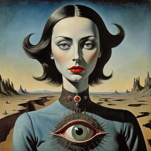 This image is a detailed, computer-generated illustration of a woman set against a barren, desert-like landscape. The woman has short, black hair that curls at the ends, framing her face. She has striking blue eyes, red lips, and a fair complexion with a slight blush on her cheeks. She is wearing a blue dress with a distinctive black collar that features red and blue jewels. On her chest, there is a large, green eye with a black pupil, surrounded by spikes, giving the impression of an additional, otherworldly eye. The background depicts a desolate, rocky terrain with sparse vegetation, under a sky that transitions from blue to yellow near the horizon. The overall scene evokes a sense of surrealism and otherworldliness, reminiscent of a science fiction or fantasy setting.