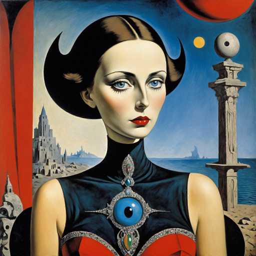 This image is a detailed, futuristic painting of a woman with a striking appearance. She has pale skin, bright blue eyes, and red lips, with her hair styled in a distinctive manner that spikes out at the sides. The woman is wearing a sleeveless black top adorned with a large, blue eye in the center of her chest, surrounded by a silver frame and additional blue and green jewels. Her outfit also features a red section at the bottom. The background depicts a blue sky with a red sun and a yellow moon, a body of water, and a gray stone castle on the left side. To the right, there is a stone pillar with a circular object on top. The overall scene is set against a backdrop that includes a red curtain on the left, adding to the painting's rich and surreal atmosphere.