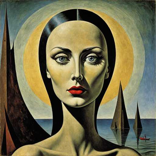 This image is a detailed painting of a woman with striking features. She has long, sleek black hair parted in the middle, cascading down her back. Her face is pale with a yellowish tint, and she has large blue eyes framed by long eyelashes. Her lips are painted a vivid red, and her nose is long and slender. The woman is gazing directly at the viewer, her expression neutral.

Behind her head, there is a prominent yellow circle, resembling a sun or moon, which is surrounded by a larger gray circle. The background features a blue sky with a body of water below, reflecting the sky and the woman's image. On the water, there are several boats: a small red canoe with a person standing in it, and two large, triangular, brown structures that appear to be abstract buildings or possibly sailboats.

To the left of the woman, there is a brown, pointed structure that could be a tree or a mountain. The overall composition of the painting is surreal and dreamlike, with a blend of realistic and abstract elements.