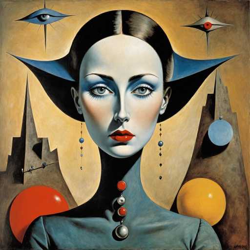 This image is a detailed painting of a woman with a striking, otherworldly appearance. She has pale skin and dark brown hair styled in a dramatic, pointed blue headdress that extends outward like bat wings. Her eyes are accentuated with blue eyeshadow, and she wears bold red lipstick. The woman's attire is a blue dress adorned with a series of beads running down the center of her chest, featuring a red bead, a white bead, another red bead, and a final white bead. She also wears long, dangling earrings with blue beads. The background is a blend of light brown and gray hues, with various geometric shapes, including red and yellow circles, and gray and blue triangles. Notably, there are three floating eyes in the background: a blue eye with a black pupil in the upper left, a gray eye with a red pupil in the upper right, and another blue eye with a black pupil in the lower left. The overall composition gives the painting a surreal, almost sci-fi feel, reminiscent of a futuristic or alien aesthetic.