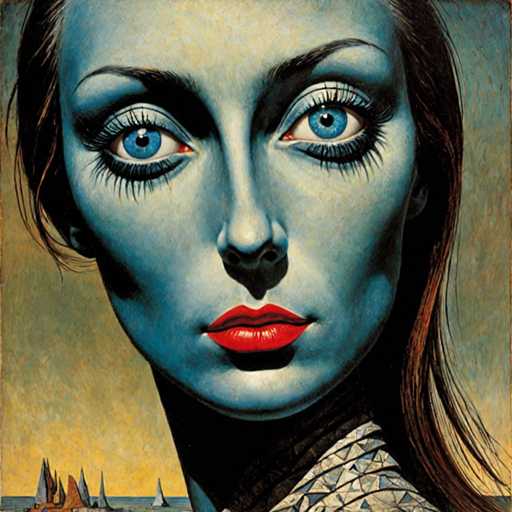 This image is a detailed painting of a woman's face, which dominates the composition. The woman has striking blue eyes and long, dark brown hair that cascades down her back. Her face is painted in a bluish-gray hue, with a lighter tone on her forehead and a darker shade around her eyes and cheeks. She has thin, arched eyebrows, long eyelashes, and bright red lips. Her nose is small and pointed, and her chin is rounded. She is wearing a black and white patterned shirt, with the pattern visible on her shoulder. The background features a yellowish sky with hints of blue, and a body of water with sailboats and rock formations. The overall style of the painting is somewhat cartoonish, with exaggerated features and a surreal atmosphere.