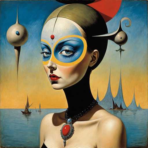 The image depicts a surreal, possibly AI-generated painting of a woman with an otherworldly appearance. She has pale skin and striking blue eyes, accentuated by a mask-like design around her eyes that features a yellow border and a blue center. Her lips are painted a vivid red, and a red dot adorns her forehead. Her hair is brown, styled in a bun, and she wears a black dress with a prominent red jewel on the neckline. The woman's neck is unusually long and black, adding to the surreal quality of the image.

In the background, a body of water stretches out, with a few sailboats visible on the left side. The sky above transitions from a deep blue at the top to a yellow hue near the horizon, creating a dramatic backdrop. On the right side of the image, there are spiky, mountain-like formations that appear to be emerging from the water. Additionally, two floating spheres with blue dots are positioned on either side of the woman's head, further enhancing the dreamlike atmosphere of the scene.