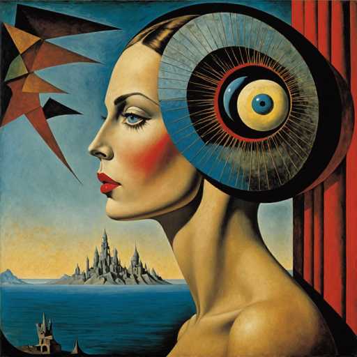 This image is a detailed painting of a woman in profile, facing left. She has striking blue eyes, red lips, and a red blush on her cheeks. Her hair is pulled back tightly, revealing a large, intricate headdress that resembles a giant eye. The headdress features a blue iris with a black pupil, surrounded by a red ring and a yellow outer ring, with lines radiating outward. The woman's bare shoulders are visible, and she appears to be wearing a black dress. Behind her, the background depicts a serene ocean with a distant island or castle-like structure. The sky transitions from a yellowish hue near the horizon to a blue above. To the left of the woman, there is a red and black geometric design, and to the right, a red curtain-like element. The overall composition is rich in detail, blending realistic and surreal elements.