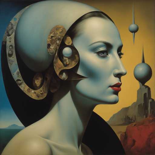 This image is a detailed, futuristic painting of a woman with a striking, otherworldly appearance. The woman's face is a light blue color, and she has dark brown hair that is pulled back, with some strands visible on the sides of her head. She is adorned with a unique headpiece that resembles a helmet, featuring a large, light blue, egg-shaped structure on the back of her head, connected by a gold band that extends to her ear. The helmet is intricately designed with various shapes, including circles and triangles, and has a gold-colored section that appears to be part of her ear. Her eyes are a light blue color, and she has red lips. She is wearing a strapless white top, and her bare shoulder is visible.

The background of the painting is divided into two distinct sections. On the left side, there is a blue sky with a mountain in the distance, and below it, a body of water. On the right side, the sky transitions to a yellowish hue, with a gray mountain and a red rock formation in the foreground. Additionally, there are two gray spheres with spikes on top, one positioned above the mountain and the other to the right of the woman's head. The overall composition creates a surreal, dreamlike atmosphere, blending elements of fantasy and science fiction.
