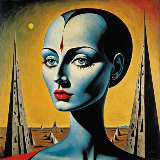 This image is a detailed, futuristic painting of a woman with striking blue skin and matching blue eyes. She has a bald head, except for a small patch of hair at the front, and her face is adorned with a red teardrop shape between her eyebrows. Her lips are painted a vivid red, and she wears a red earring. The woman is dressed in a red top, visible at the shoulder. She stands against a backdrop of a yellow sky with a small yellow sun in the upper left corner. The ground beneath her is brown, dotted with white and brown triangles that resemble tents. Flanking her on both sides are tall, gray, pyramid-shaped buildings with windows, adding to the futuristic ambiance of the scene.