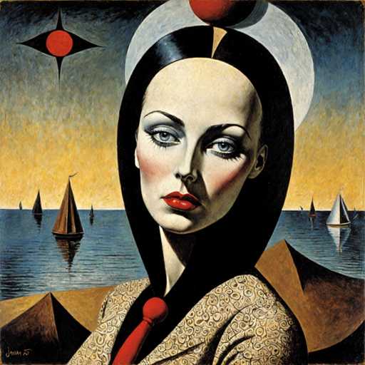 This painting, reminiscent of Picasso's style, features a striking woman with an elongated, slender neck and a face that appears almost surreal in its thinness. Her dark, shiny hair is parted in the middle, with a distinctive gold triangle at the parting. She has blue eyes, thin eyebrows, and wears bright red lipstick. Her attire includes a white jacket adorned with intricate swirls and a red tie that resembles a bow tie. The background depicts a serene ocean scene with sailboats, set against a sky that transitions from yellow to blue. Above her head, there is a half-moon shape with a red circle at its center, and to the left, a star-like shape with a red circle. The overall composition is both abstract and detailed, creating a captivating and enigmatic portrait.