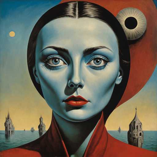 The image depicts a surreal, possibly AI-generated or hand-drawn scene featuring a woman with an eerie, otherworldly appearance. She has pale blue skin, striking blue eyes, and black hair that is parted in the middle and pulled back, with a hint of red lipstick on her lips. The woman is wearing a red top with a high collar that extends up to her neck, and she is looking directly at the viewer. 

Behind her, the sky transitions from a deep blue at the top to a yellowish hue near the horizon, suggesting either dawn or dusk. A yellow sun is visible in the upper left corner of the sky. The background is filled with a body of water, possibly an ocean or lake, with several gray, castle-like structures emerging from the water. These structures have pointed tops and appear to be ancient or medieval in design. Additionally, there are a few sailboats scattered across the water, adding to the dreamlike quality of the scene. The overall composition is both mysterious and captivating, blending elements of fantasy and reality.