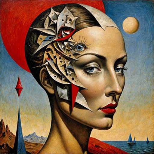 The image depicts an abstract painting featuring a woman's face with intricate designs and patterns. The background is a vibrant blue sky with white clouds, and the foreground includes mountains and boats on the water.