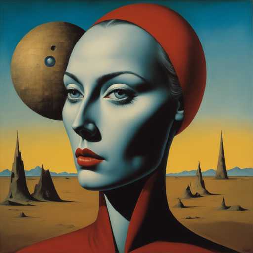 This image is a detailed, computer-generated illustration in a style reminiscent of Picasso's cubist works. It features a close-up of a woman's face, which is rendered in shades of blue and gray, with striking red lips. Her face is turned slightly to the left, showcasing her blue eyes and thin eyebrows. She wears a red headscarf that wraps around her head and drapes down to her shoulders, complementing her red top. The background depicts a barren, desert-like landscape with brown sand and spiky, gray rock formations. The sky transitions from a yellowish hue near the horizon to a deep blue at the top, and includes a large, brown celestial body resembling a planet or moon with a smaller blue circle inside it. The overall composition is surreal and abstract, with the woman's face dominating the foreground and the stark, otherworldly landscape stretching out behind her.