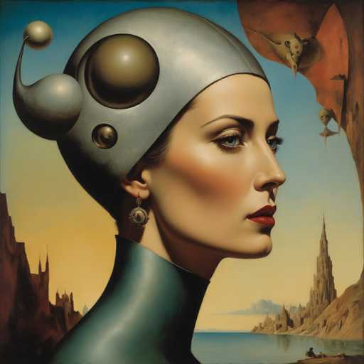 This image is a detailed, computer-generated illustration of a woman in profile, facing to the right. She has striking blue eyes, red lips, and is adorned with a unique, metallic headpiece that resembles a helmet or cap. This headpiece features several spherical shapes: a large brown sphere on the side, a smaller gray sphere, and a curved gray sphere with a small ball on top. She wears a matching earring with a central sphere. Her attire includes a high-necked, metallic green top that extends up to her neck. The background depicts a surreal landscape with a body of water, distant mountains, and a castle-like structure on the right. The sky transitions from blue to yellow, and there are peculiar, gray, bird-like creatures with beaks and red eyes flying in the sky. The overall scene is set against a backdrop of a blue sky with hints of yellow, creating a dreamlike atmosphere.