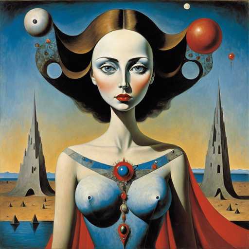 The image depicts a woman with long brown hair and red lips wearing a blue dress adorned with a large pendant. The background features a landscape of mountains and buildings under a clear sky.