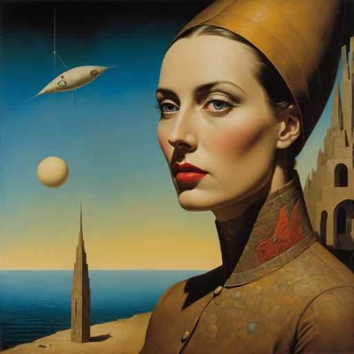 This image depicts a striking, computer-generated portrait of a woman set against a surreal, futuristic landscape. The woman, who has fair skin, blue eyes, and red lips, is adorned with a tall, brownish-gold hat that resembles an ancient Egyptian pharaoh's headpiece. Her hair is pulled back, and she wears a high-collared, brown jacket with a red design on the collar and buttons down the front. The background features a gradient sky transitioning from dark blue at the top to lighter blue and yellow near the horizon, suggesting either dawn or dusk. Below the horizon lies a body of water, possibly an ocean, with a sandy beach in the foreground. To the left of the woman stands a tall, pointed tower, while to the right, a large, brown stone building with arched windows and a spire rises into the sky. Above her, a white, teardrop-shaped spaceship with a pointed tip and a circular window hovers, connected by a thin wire to an unseen object. The overall scene blends elements of ancient and futuristic aesthetics, creating a captivating and enigmatic atmosphere.