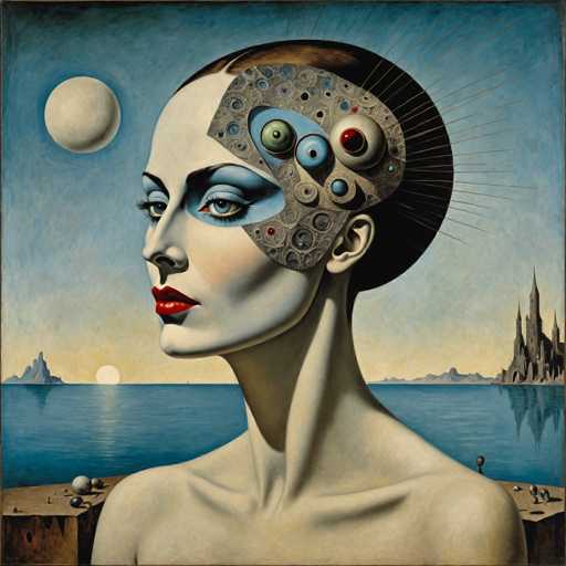 This image is a detailed painting of a woman with short brown hair, styled in a bob. She has striking blue eyes, red lipstick, and a fair complexion. The woman is depicted from the shoulders up, with her head slightly turned to the left. Notably, the right side of her head is cut away, revealing a mechanical interior filled with various colored circles, gears, and screws, giving the impression that her thoughts are made of machinery. Her eyes are accentuated with blue eyeshadow, and she has a thin nose and full lips.

The background features a serene blue sky with a white moon in the upper left corner and a setting sun in the lower left. Below the sky, there is a body of water, possibly an ocean, with a small island on the left and a larger island on the right. The larger island has a castle-like structure with tall spires. The foreground includes a brown platform or cliff with small objects scattered around, adding to the surreal and dreamlike quality of the scene.