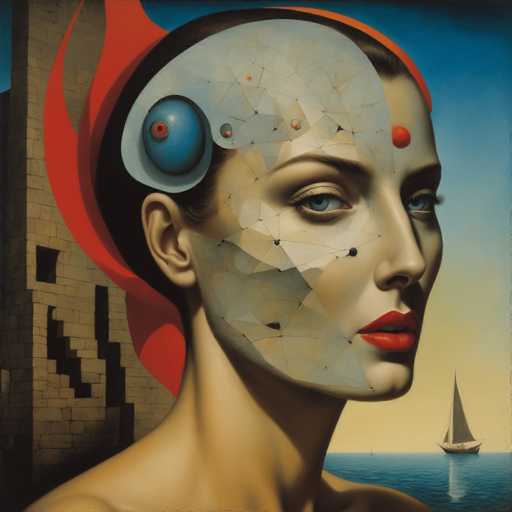 This image is a detailed painting of a woman with a surreal, fragmented appearance. The woman, who has fair skin and striking blue eyes, is depicted from the shoulders up, facing to the right. Her face is adorned with a red dot on her forehead, and she has bright red lips. The left side of her face appears to be made of shattered glass, with a large blue eyeball protruding from the broken fragments. Her dark brown hair is pulled back, and she wears a red headband. The background features a blue sky that transitions to a yellowish hue near the horizon, with a body of water below. On the water, there is a small sailboat with a single sail, and to the left, a tall, brown brick building with a staircase leading to a doorway. The overall composition blends elements of realism with fantastical, dreamlike details.