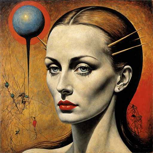The image is a detailed painting of a woman with long, straight brown hair that is parted in the middle and cascades down her back. She has striking blue eyes, long eyelashes, and red lips. Her face is pale, and she is adorned with a small earring in her left ear. Three sharp, wooden sticks protrude from the sides of her head, giving her an almost otherworldly appearance. The background is a blend of brown and orange hues, with a prominent blue circle outlined in red on the left side. Surrounding this circle are intricate, thin lines and shapes that resemble branches or vines, some of which have small blue balls at their ends. The overall composition is surreal, with the woman's intense gaze directed straight at the viewer, creating a captivating and mysterious atmosphere.
