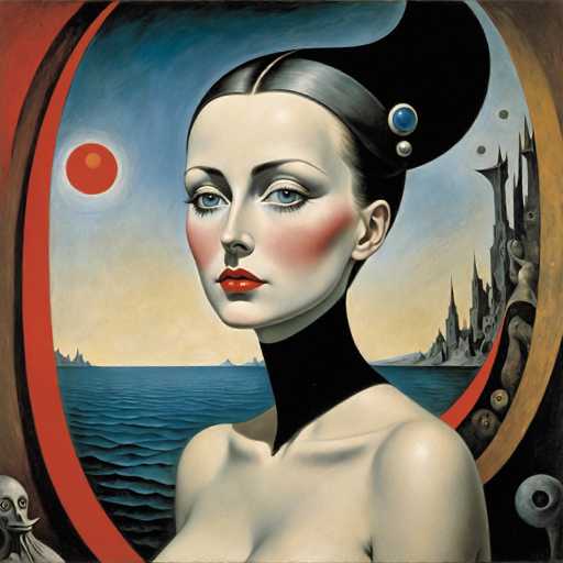 This image is a detailed painting of a woman with a striking, almost surreal appearance. She has pale skin, blue eyes, and red lips, with her cheeks adorned in a rosy pink blush. Her black hair is styled in an elaborate updo, featuring a prominent blue jewel at the front and two smaller silver jewels. The woman's neck is entirely black, creating a stark contrast with her bare shoulders and chest, which are visible down to her breasts. She is looking slightly to the left, with a serene expression.

The background is a blend of blue and yellow hues, suggesting a sky, with a body of water below. On the right side of the painting, there is a gray castle-like structure, while on the left, a red circle with a yellow center, possibly representing a sun or moon, adds to the dreamlike quality of the scene. The painting is framed by a red and yellow border, enhancing its vibrant and otherworldly atmosphere.