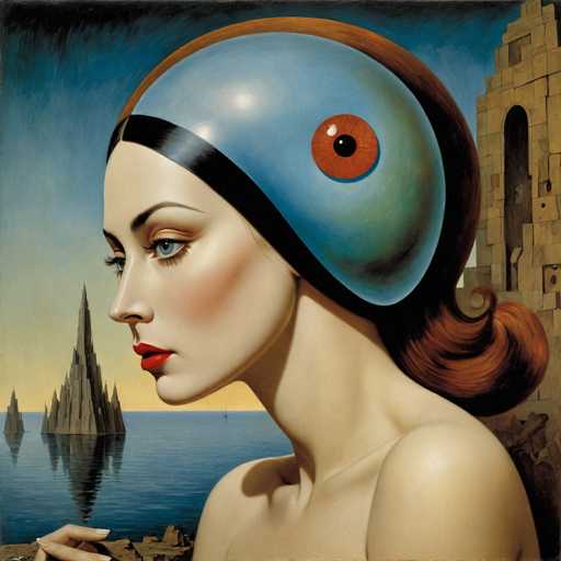 The image is a detailed, surrealistic painting of a woman with a striking and unusual appearance. She has a pale complexion, blue eyes, and red lips, with her face turned to the left. Her brown hair is styled in a curled ponytail that extends from the back of her head. The most distinctive feature is a large, blue helmet-like structure that covers the top of her head, adorned with a single red eye with a black pupil on its side. A black band runs from the front of her forehead, over the top of the helmet, and down to the back of her neck. 

The woman appears to be topless, with her bare shoulders visible. Her hands are positioned in the bottom left corner of the image, with her fingers slightly curled. She is leaning against a stone wall, which is visible on the right side of the image. 

In the background, there is a body of water with a tall, spiky rock formation or castle-like structure rising from it. The sky above is a gradient of blue, transitioning to a yellowish hue near the horizon. The overall composition and style of the painting evoke a sense of surrealism, reminiscent of works by artists like Salvador Dali.