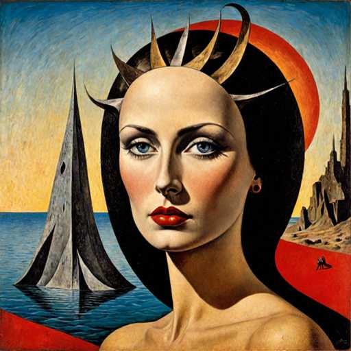 This painting, reminiscent of Salvador Dali's surrealist style, features a striking woman with long, dark hair and blue eyes. Her face is adorned with bright red lipstick and blush on her cheeks, and she wears a single orange earring. Her hair is styled in a unique way, with spikes and horns protruding from it, including a prominent white horn on the left side. Behind her head, a large orange sun or moon adds to the dreamlike quality of the scene.

The woman stands on a red, sandy beach, with a blue ocean to her left. In the water, there's a peculiar gray structure resembling a sailboat, but with only one sail and no visible boat body. To the right, a red path leads to a distant brown mountain or castle, where two small figures can be seen. The sky above is a gradient of blue, yellow, and orange, enhancing the surreal atmosphere of the painting.