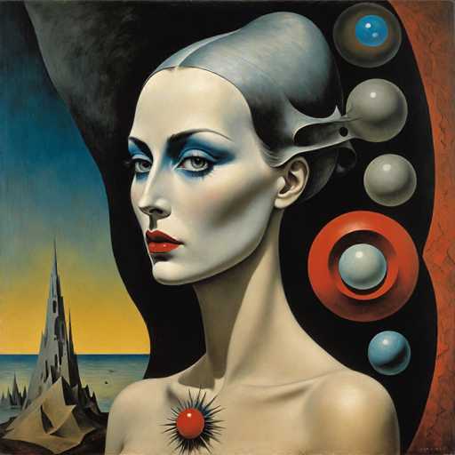 This image is a detailed painting of a woman with a striking, almost surreal appearance. She has a very pale complexion, almost white, and her hair is slicked back, blending seamlessly into her head as if she has none. Her eyes are accentuated with blue eyeshadow, and she wears bright red lipstick. A notable feature is a red, spiky ball on her chest, which appears to be an extension of her neck. Surrounding her head are several floating orbs: a blue one at the top, a gray one below it, a red one with a blue orb inside, and another blue one at the bottom. The background features a dark, almost black sky with a hint of yellow, and a body of water. On the left side of the image, there is a tall, gray structure resembling a castle or a mountain, with a pointed top. The overall composition is reminiscent of a surrealist style, blending realistic and fantastical elements.