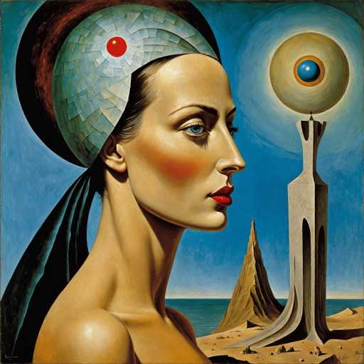 This image is a detailed painting of a woman in profile, facing to the right. She has striking blue eyes, red lips, and a fair complexion with a noticeable blush on her cheeks. Her hair is pulled back, and she wears a distinctive headpiece that combines elements of a crown and a turban. The headpiece features a red circle at the center, surrounded by a mosaic of green and blue tiles, with a black band and a green ribbon trailing behind her. The background is a clear blue sky, and the woman stands on a sandy terrain. To her right, there is a tall, thin statue with a circular eye at the top, which has a blue iris and a black pupil. The statue is mounted on a pedestal that has a pointed top. Behind the statue, there is a large, brown rock formation. The painting is signed in the bottom right corner, though the signature is not legible.