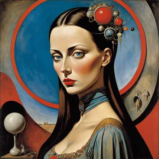 This image is a detailed painting of a woman with long, dark brown hair that is parted in the middle and cascades down her back. She has striking blue eyes, red lips, and a fair complexion with a touch of blush on her cheeks. The woman is adorned in a blue dress with intricate gold and red trim, and a blue choker around her neck. A red brooch is visible on her chest. She is positioned in a three-quarter view, facing slightly to the left, with her head turned towards the viewer.

Behind her head is a prominent blue circle with a red border, which is set against a larger gray circle. The background features a desert landscape with a few sailboats on the horizon. To her left, there is a red table with a white ball on a stand. The overall composition is rich in detail, with a blend of vibrant colors and intricate elements that create a captivating and somewhat surreal atmosphere.