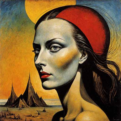 This image is a detailed painting of a woman with a striking, almost surreal appearance. She has long, dark brown hair that flows down her back and is adorned with a red headband. Her face is painted in a grayish-blue hue, with yellow highlights on her cheeks and under her eyes, giving her a somewhat otherworldly look. Her lips are painted a vivid red, and she has blue eyes that gaze slightly to the left. The woman is depicted from the shoulders up, with her bare shoulders visible, and she appears to be wearing a strapless dress.

The background features a dramatic sky that transitions from a deep blue at the top to a bright yellow-orange near the horizon. A large, yellow sun is positioned behind her head, casting a warm glow. Below the horizon, there is a body of water, and in the foreground, a sandy beach stretches out. Emerging from the water are several large, jagged rock formations or mountains, adding to the painting's surreal and dreamlike quality. The overall composition is both captivating and mysterious, blending realistic elements with fantastical touches.