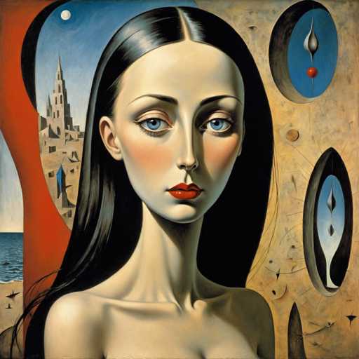 This image is a detailed painting of a woman with long, straight black hair parted in the middle, cascading down to her shoulders. She has striking blue eyes, red lips, and a very pale complexion. Her face is framed by thin eyebrows, and she has a long, slender neck. The woman is depicted from the shoulders up, with her bare shoulders visible, and she appears to be looking directly at the viewer. The background is a complex collage of various elements: to the left, there is a beach scene with a body of water, a sand dune, and a small black bird. Behind her head, there is a blue sky with a white moon. To the right, the background transitions into a brownish-yellow wall adorned with several oval-shaped objects. These ovals contain intricate designs, including blue backgrounds with white and gray teardrop shapes, and one with a red dot. The overall composition is rich in detail, blending natural and abstract elements to create a visually captivating scene.