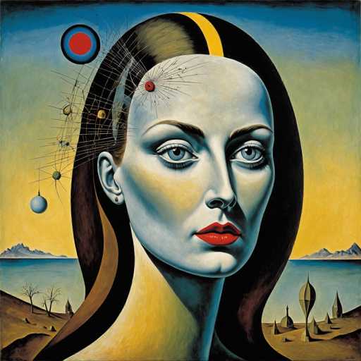This image is a detailed painting of a woman with a surreal, almost alien appearance. Her skin is a pale blue, and she has striking blue eyes and bright red lips. Her hair is predominantly black with a distinctive yellow stripe running down the middle. The woman's head is adorned with a spider web on the left side, from which various colored spheres—blue, green, yellow, and red—are hanging. Additionally, there is a red circle with a blue outline on her forehead, from which black lines radiate outward. She is wearing a single earring in her right ear. The background features a blue sky that transitions to yellow near the horizon, with a body of water and mountains visible in the distance. The foreground includes a sandy area with small plants and trees, adding to the painting's otherworldly atmosphere.