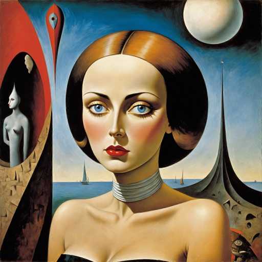 This image is a detailed painting of a woman with short, dark brown hair, styled in a bob with bangs. She has striking blue eyes, red lips, and a fair complexion. The woman is wearing a black dress that reveals her shoulders and collarbone, and around her neck is a thick, white choker necklace. She is looking directly at the viewer with a serious expression.

The background features a blue sky with a white moon in the upper right corner. Below the sky, there is a body of water with several sailboats, including a prominent sailboat on the left and two smaller ones on the right. To the left of the woman, there is a circular mirror reflecting a gray, faceless figure with a pointed head, standing against a red background. The overall composition is rich with colors such as blue, white, red, brown, gray, and black, creating a vivid and somewhat surreal atmosphere.