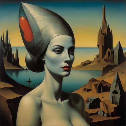 The image depicts a striking, futuristic woman with a distinctly otherworldly appearance. She has a very pale complexion, almost white, with a subtle bluish tint to her skin. Her lips are painted a vivid red, providing a stark contrast to her pale face. Her eyes are a deep black, adding to her enigmatic presence.

Her hair is styled in a unique, metallic helmet-like form, predominantly silver with a prominent red oval on the left side. The helmet shape is pointed at the top, giving her an imposing and futuristic look.

The woman is positioned in the foreground, gazing directly at the viewer with a serious expression. Her shoulders are bare, and her upper chest is visible, though the image cuts off just below her chest area.

The background features a serene body of water, possibly a lake or ocean, with a small boat visible on the left side. The sky above transitions from a light blue to a warm yellow near the horizon, suggesting either a sunrise or sunset.

On the right side of the image, there are several buildings with a distinct architectural style. These structures are primarily brown and gray, with some featuring pointed roofs, blending futuristic and ancient elements.

Overall, the image presents a captivating blend of futuristic and fantasy elements, with the woman as the central focus against a tranquil yet intriguing backdrop.