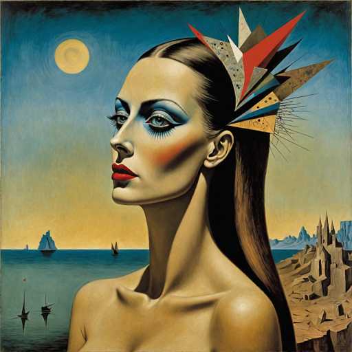 This image is a detailed painting of a woman with long, dark brown hair that cascades down her back. She is adorned with a striking headpiece made of various geometric shapes, including triangles and rectangles, in colors such as red, blue, yellow, and gray. Her makeup is bold, featuring bright blue eyeshadow, long eyelashes, red lipstick, and a touch of blush on her cheeks. The woman's bare shoulders and collarbones are visible, suggesting she is not wearing any clothing. She gazes to the left, her expression serene.

The background is a rich tapestry of colors and elements. The sky transitions from a deep blue at the top to a lighter blue and then to a yellowish hue near the horizon. A yellow moon is positioned in the upper left corner, casting a soft glow over the scene. Below, a body of water reflects the sky's gradient and features several boats, including sailboats and possibly a ship with a flag. To the right, a rocky landscape extends into the water, with a castle-like structure perched on the shore. The overall composition blends natural and fantastical elements, creating a dreamlike atmosphere.